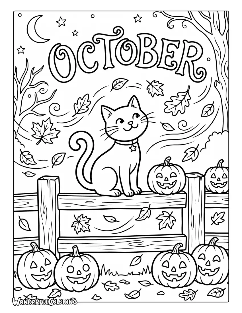 Black cat pumpkin coloring page with jack-o'-lanterns, fence, falling leaves, and moonlight