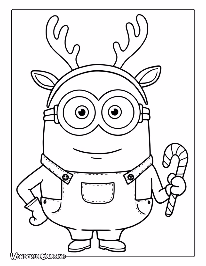 Coloring page of Bob the Minion with reindeer headband.