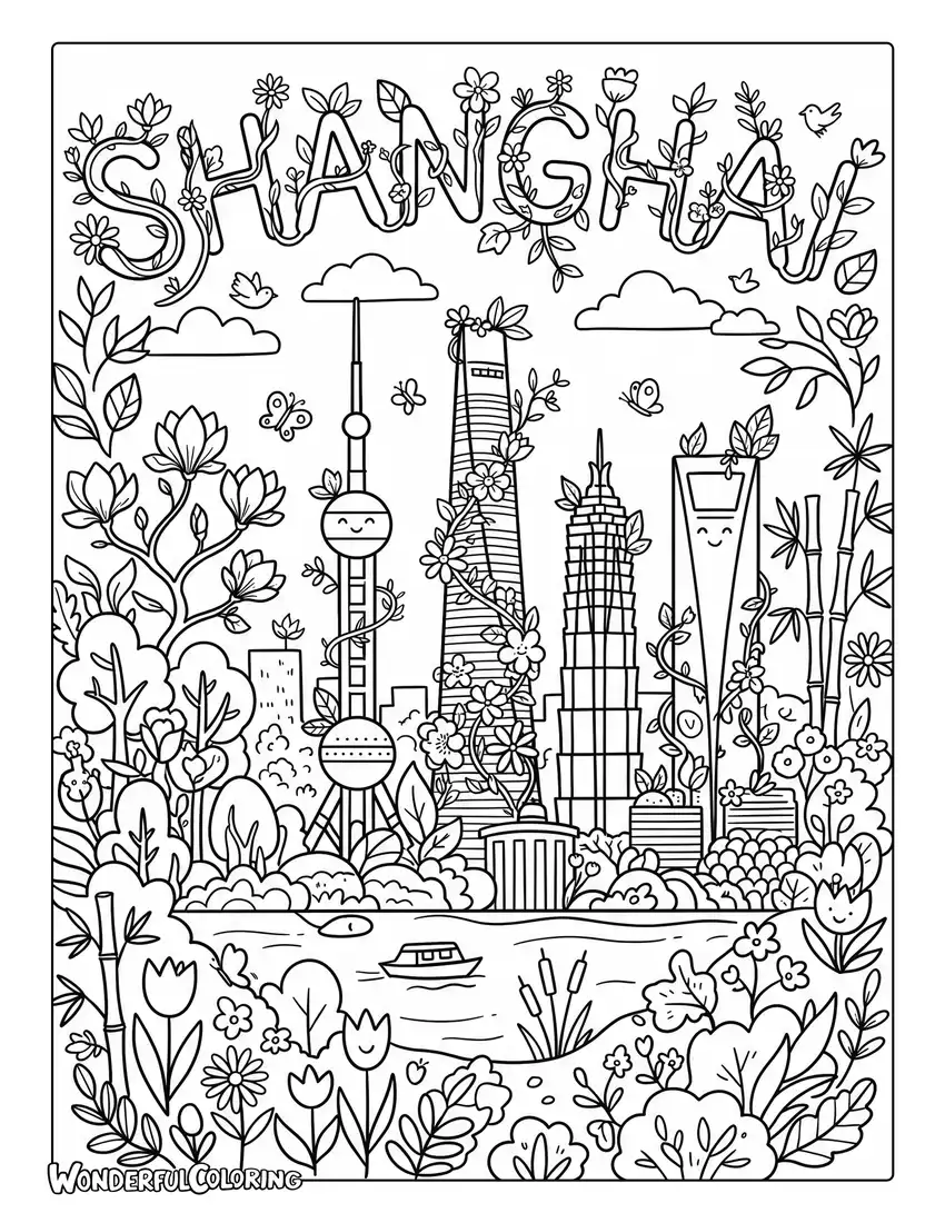 Shanghai skyline surrounded by flowers, bamboo, leaves, and botanical elements coloring page
