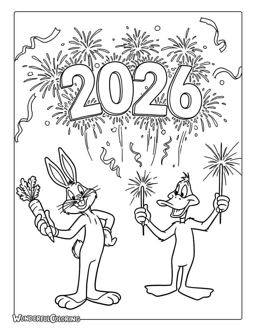 Bugs Bunny and Daffy Duck 2026 Fireworks celebration Coloring Page