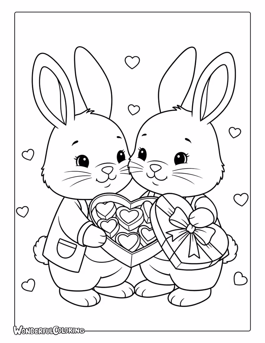 Bunny couple holding heart-shaped chocolates Valentine coloring page