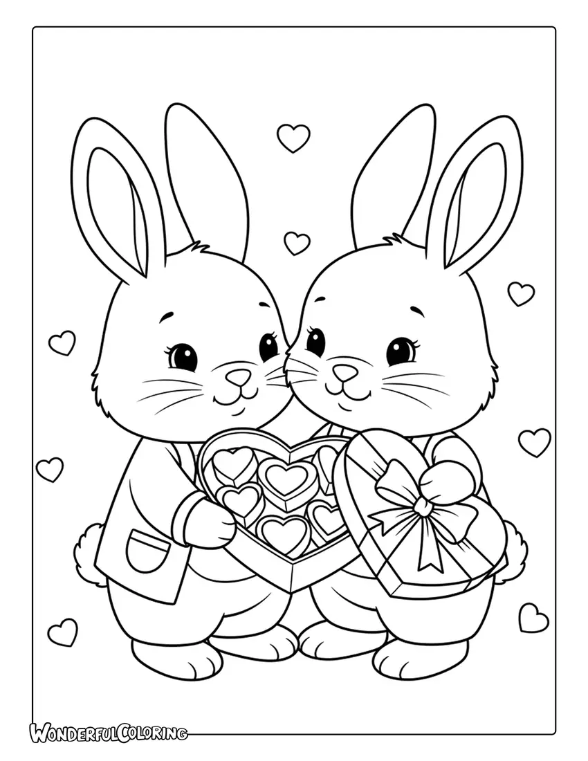 Bunny couple holding heart-shaped chocolates Valentine coloring page