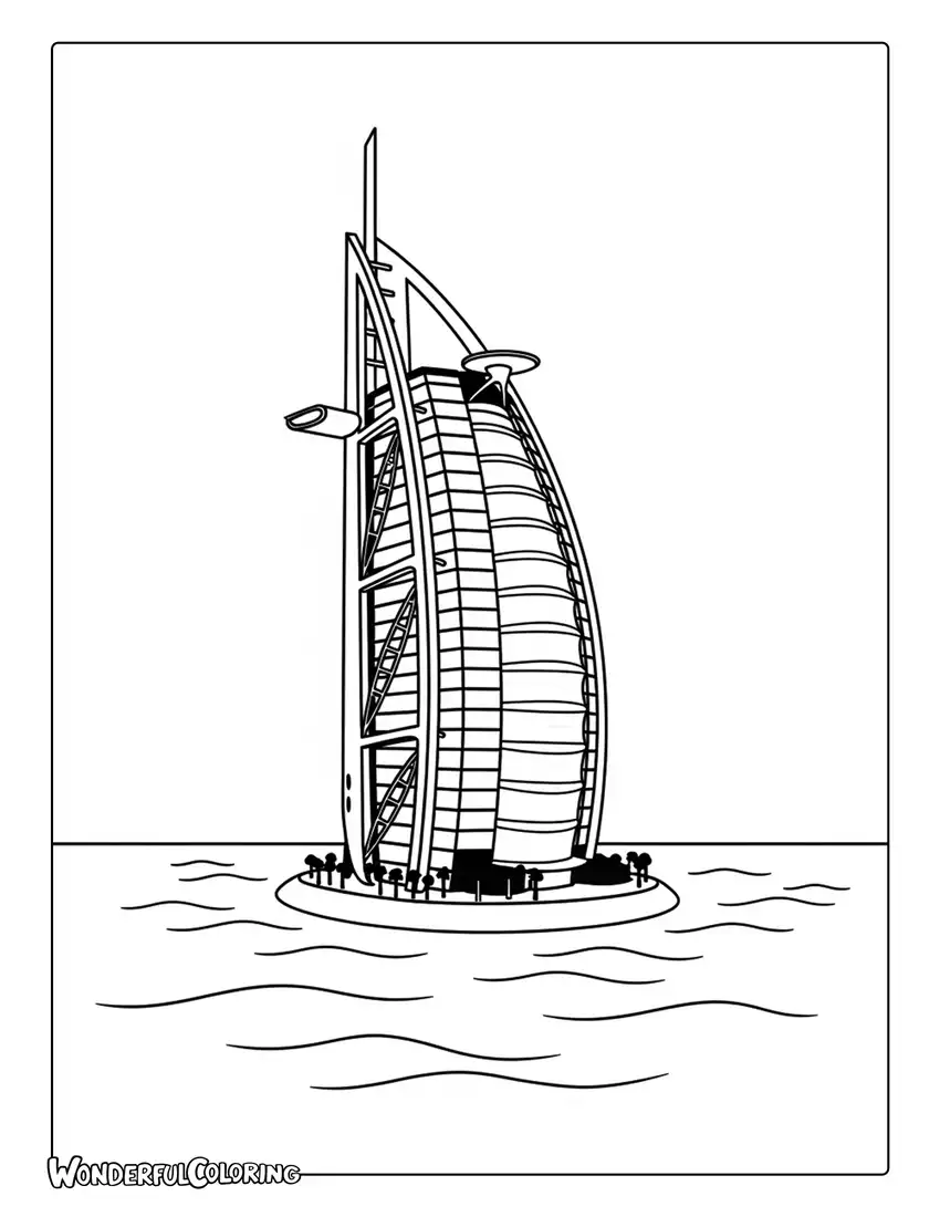 Burj Al Arab luxury hotel coloring page with ocean waves and island setting