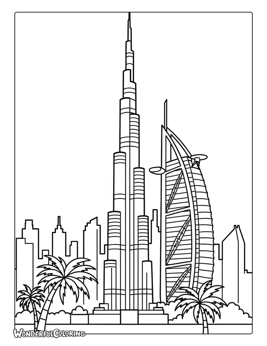 Burj Khalifa Dubai skyline coloring page with tall skyscrapers and palm trees