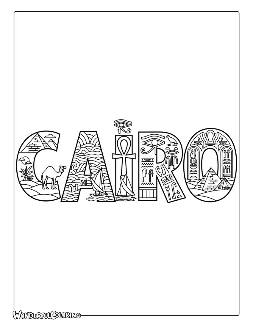 Cairo city name coloring page filled with Egyptian hieroglyphs, pyramids, camels, and Nile River designs
