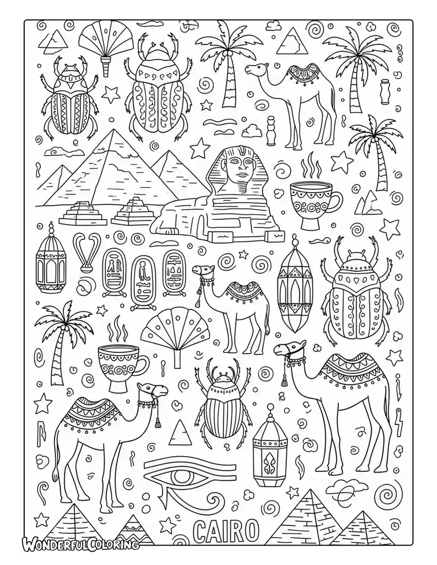 Cairo doodle coloring page with pyramids, camels, scarabs, lanterns, and Egyptian icons