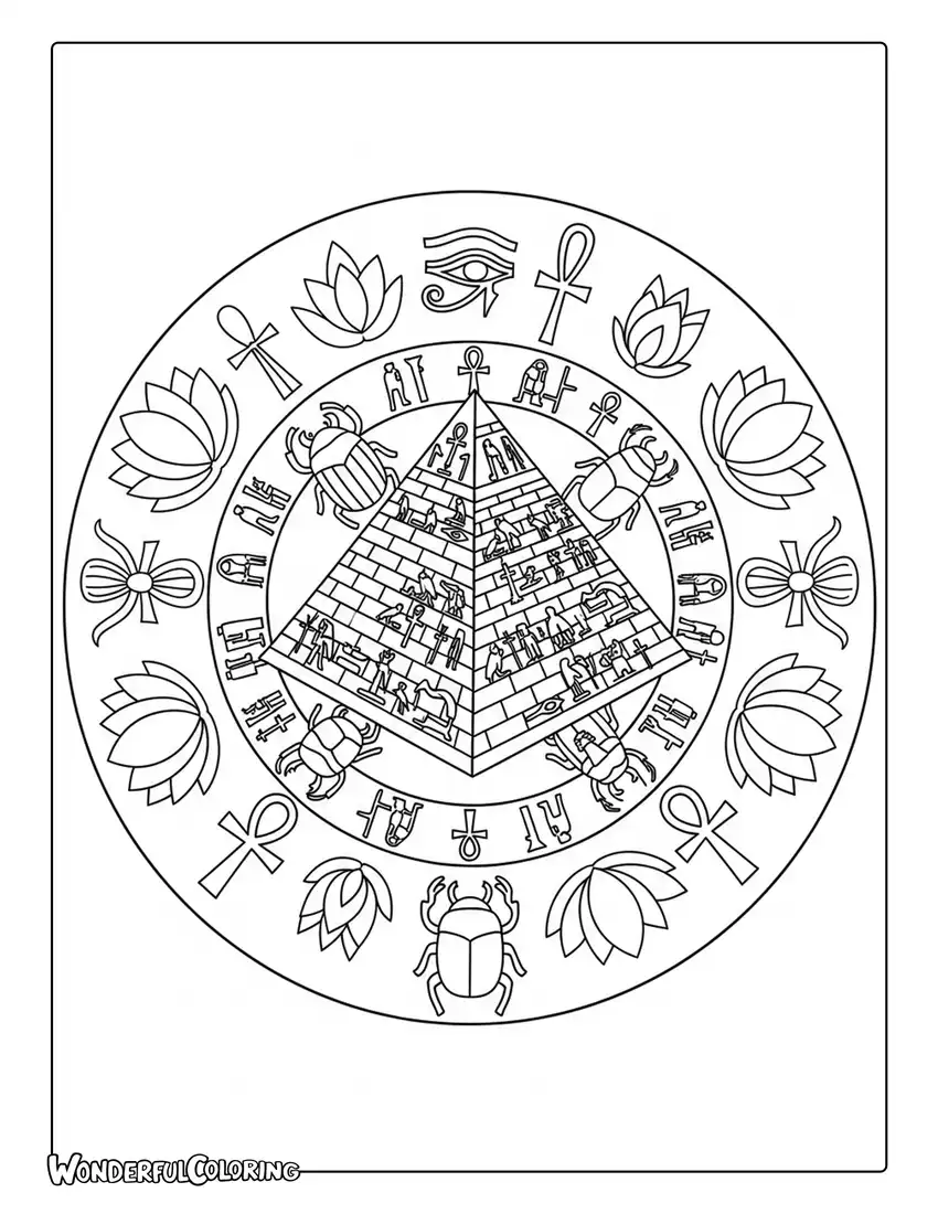 Egyptian mandala coloring page with pyramids, lotus flowers, scarab beetles, and Cairo-inspired designs