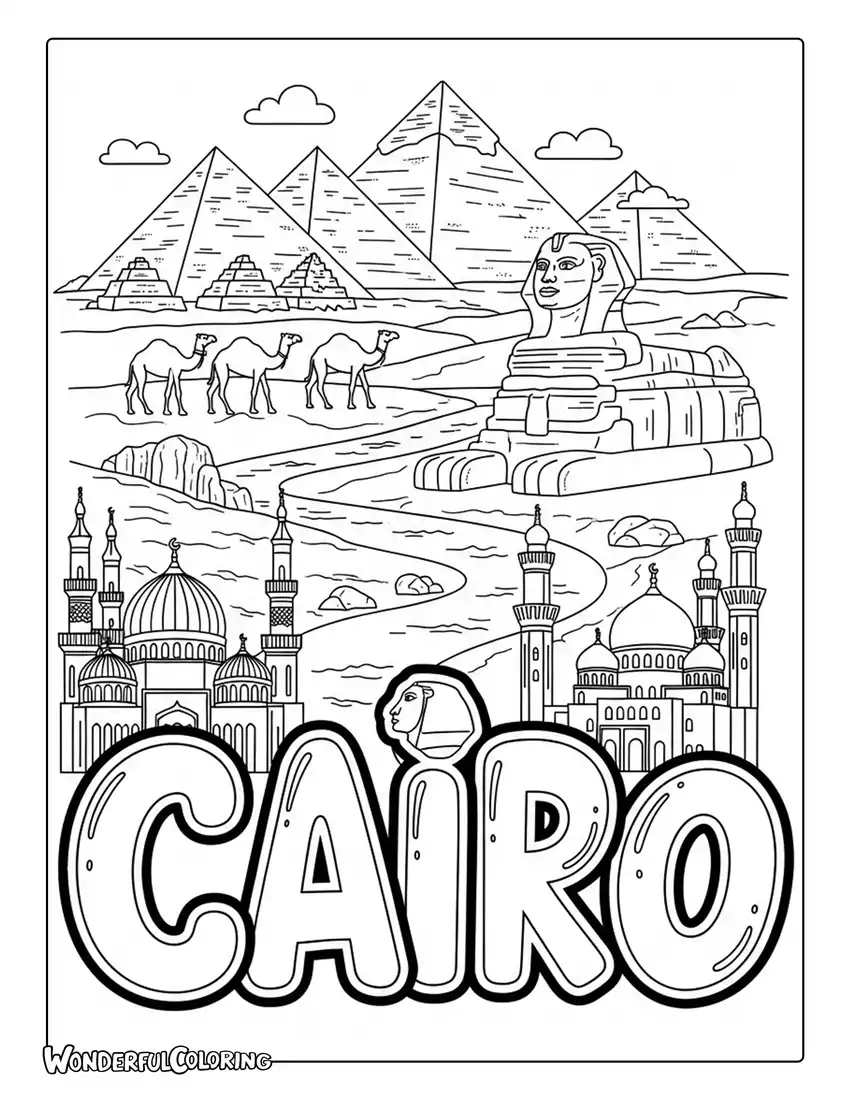 Cairo landmarks collage coloring page with pyramids, Sphinx, Nile River, mosques, and camels