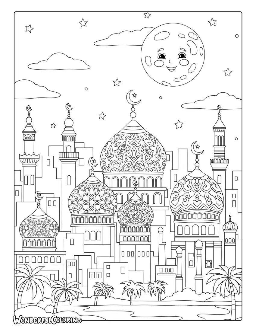 Cairo mosque domes night coloring page with crescent moons and Islamic architectural details