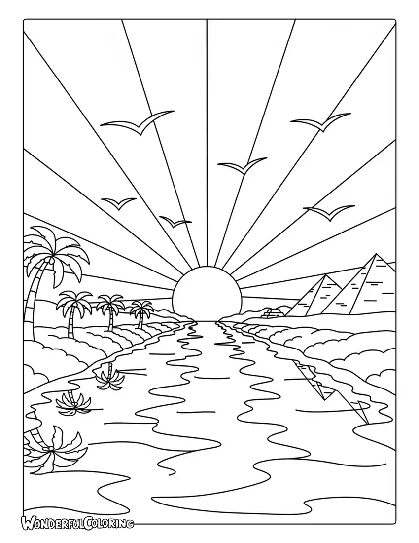 Cairo Nile sunrise coloring page with birds, river reflections, and scenic views