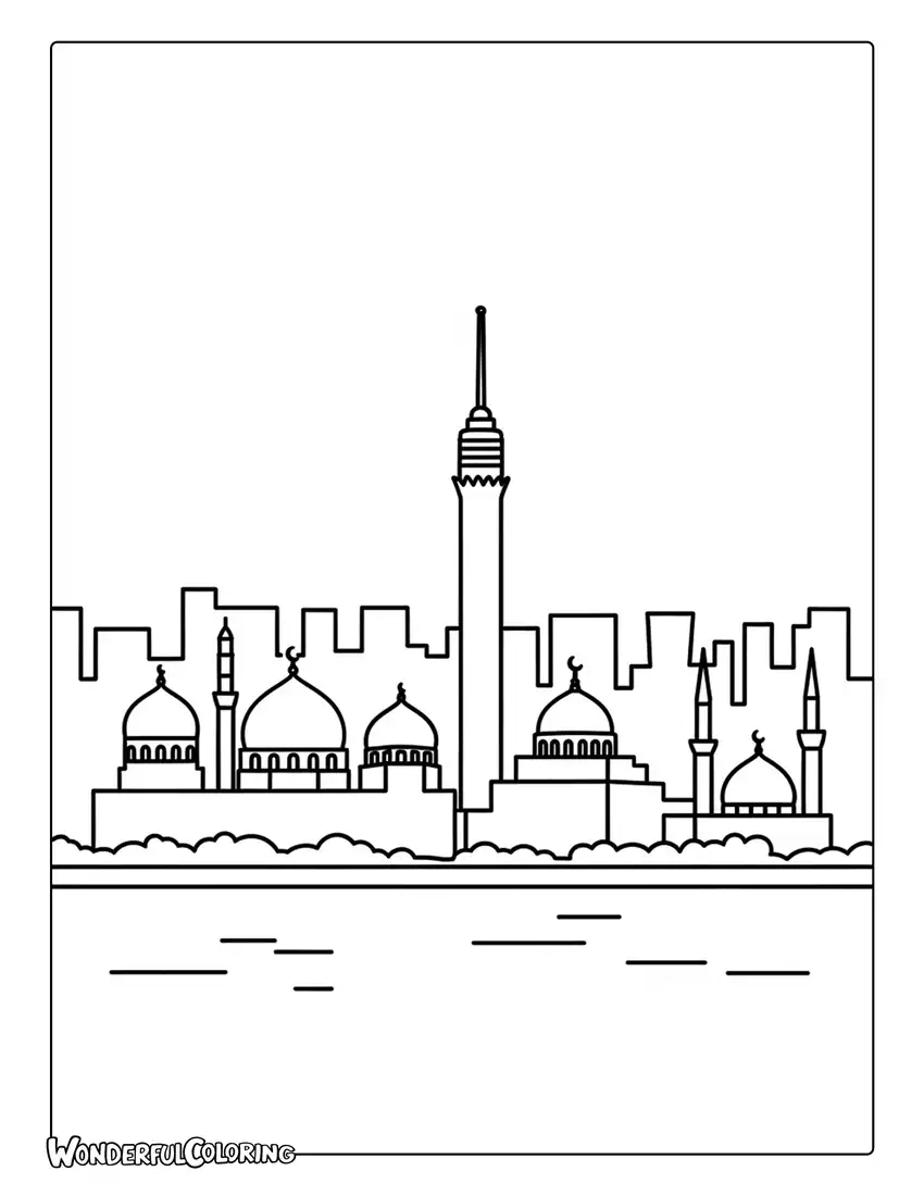 Cairo skyline coloring page with Cairo Tower, mosque domes, and Nile River landmarks