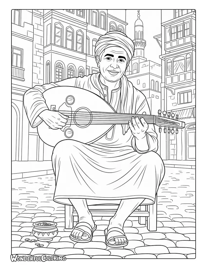 Traditional Cairo street musician coloring page performing with cultural instruments
