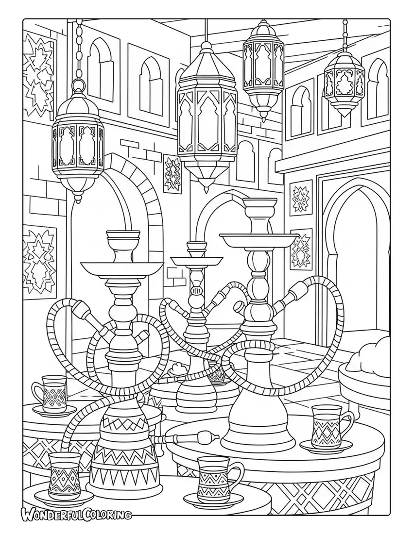 Cairo traditional cafe coloring page with tea glasses, lanterns, and decorative furnishings