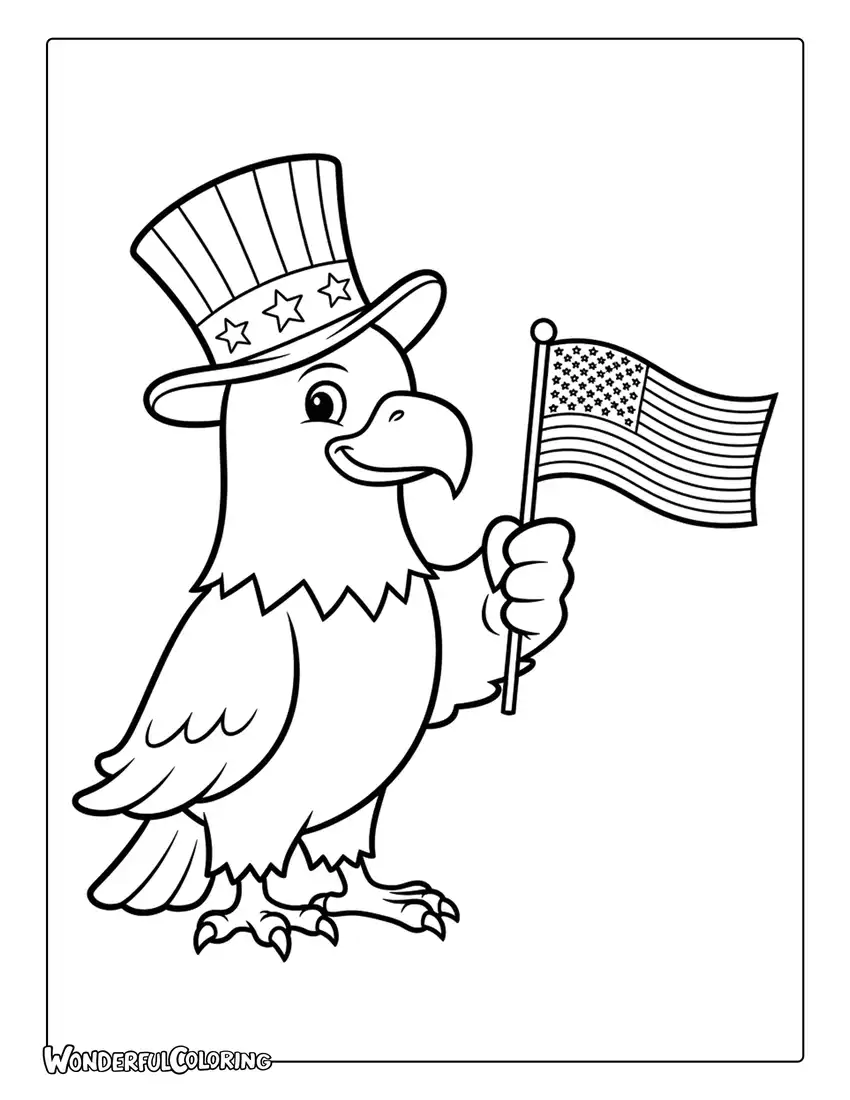 cartoon bald eagle patriotic hat holding flag coloring page