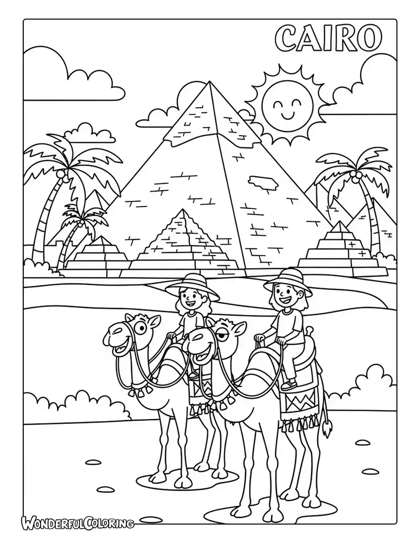 Cartoon Cairo coloring page with pyramids, camels, smiling tourists, and desert scenery