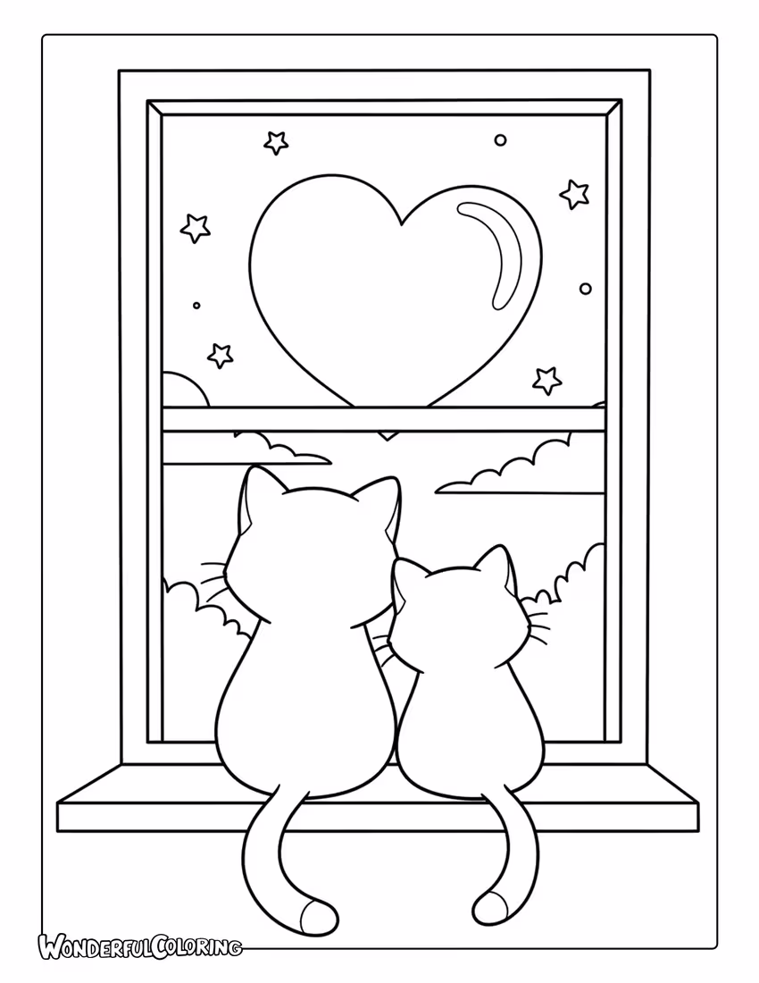 Cats with heart moon Valentine coloring page
