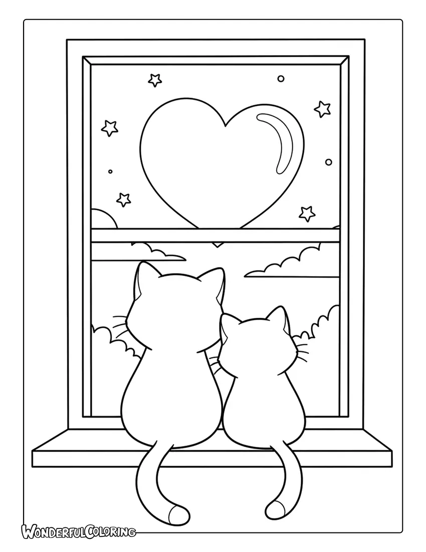 Cats with heart moon Valentine coloring page