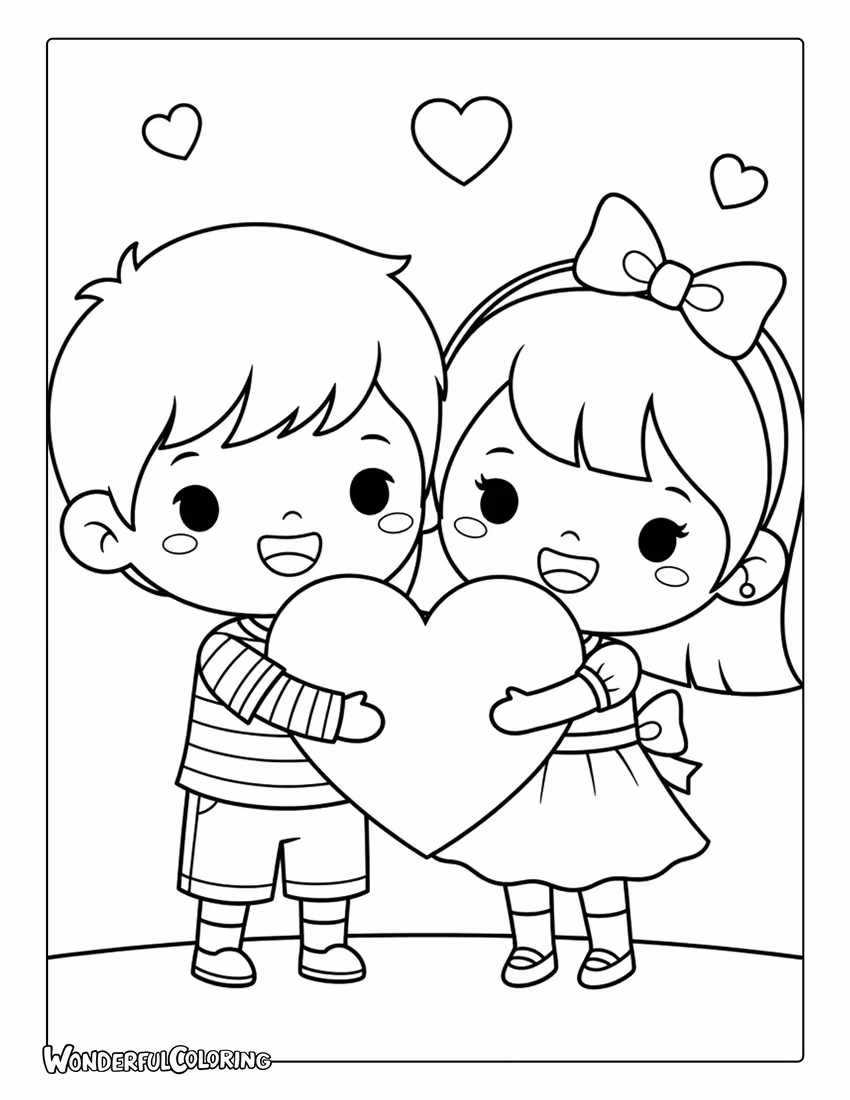 Chibi couple hugging with big heart coloring page