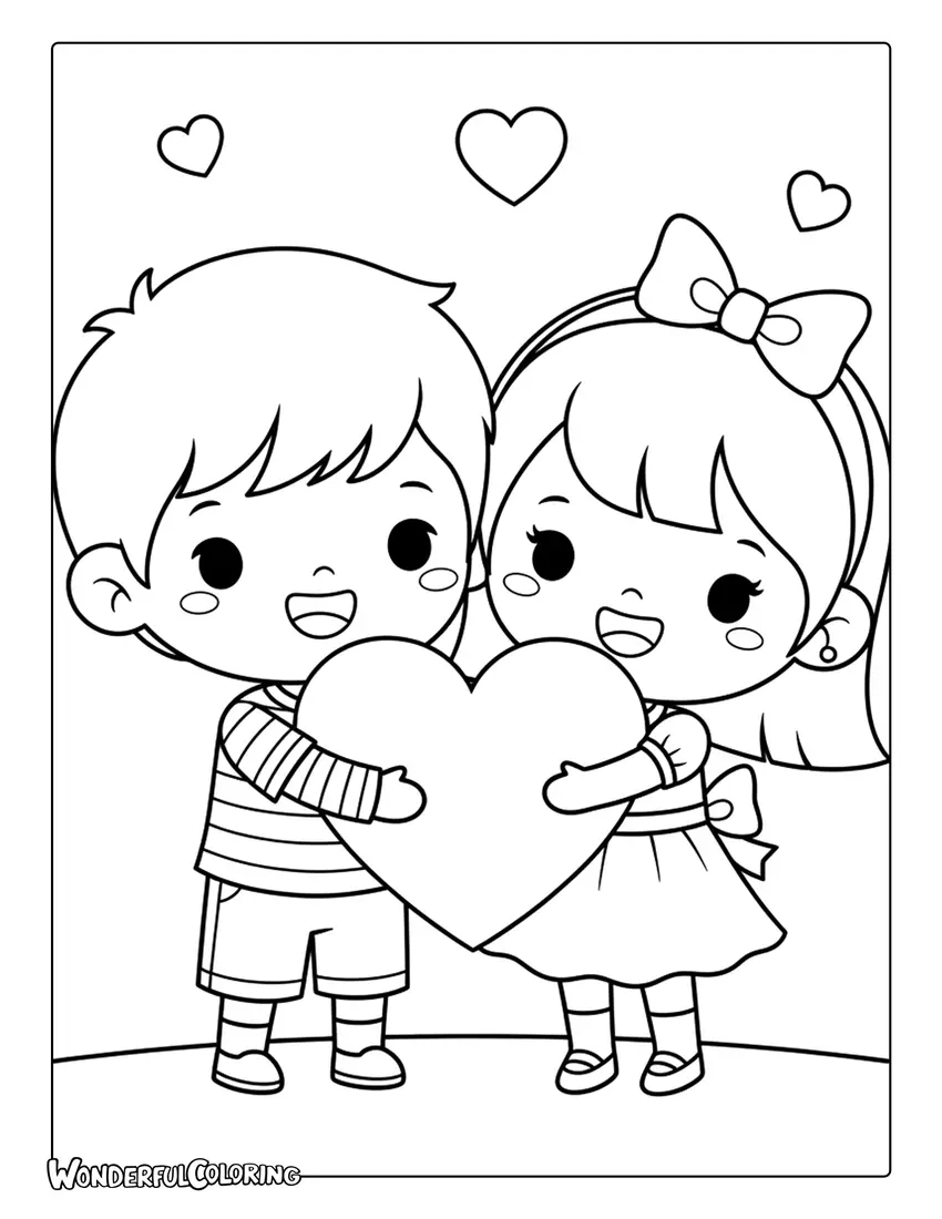 Chibi couple hugging with big heart coloring page