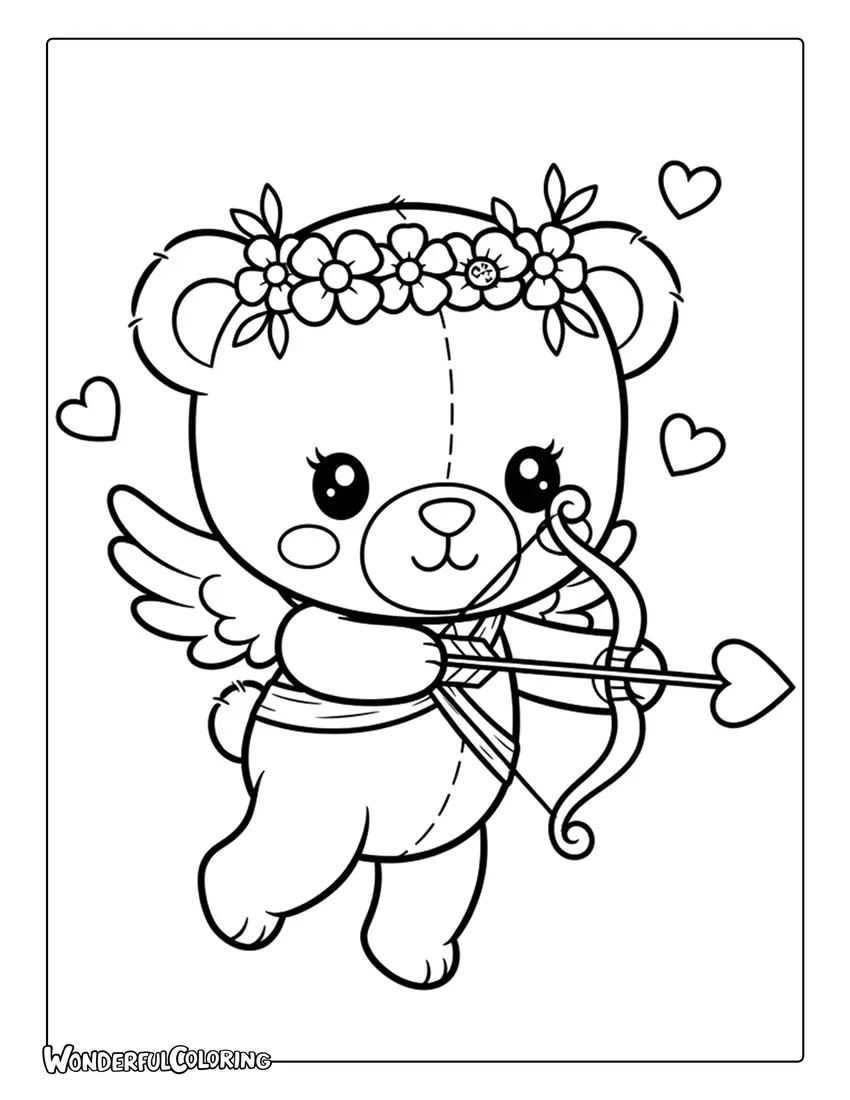 Teddy bear Cupid chibi style coloring page
