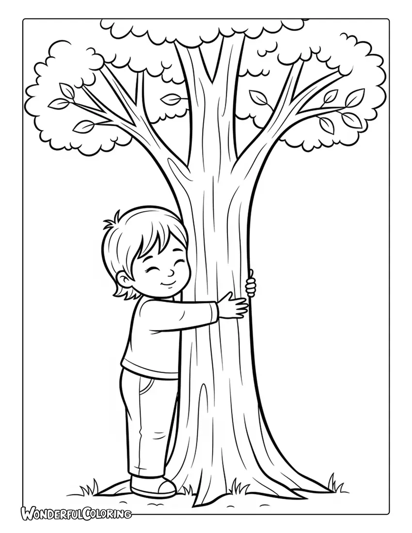 child hugging tree heartwarming earth day coloring page