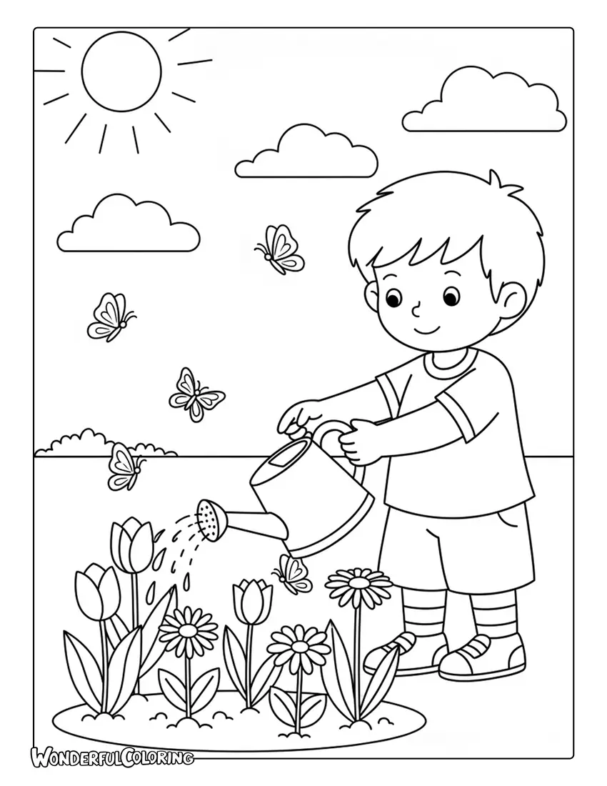 child watering plants butterflies sunny earth day coloring page