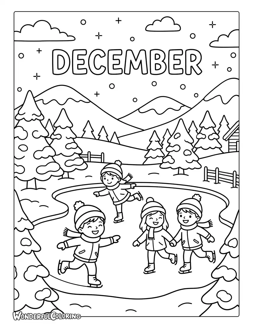 December ice skating coloring page with children skating on a frozen pond surrounded by snowy trees and mountains