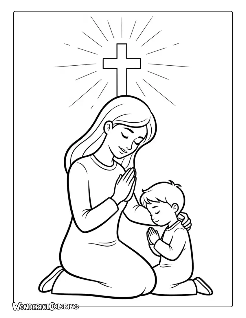 christian mothers day praying mother child cross coloring page