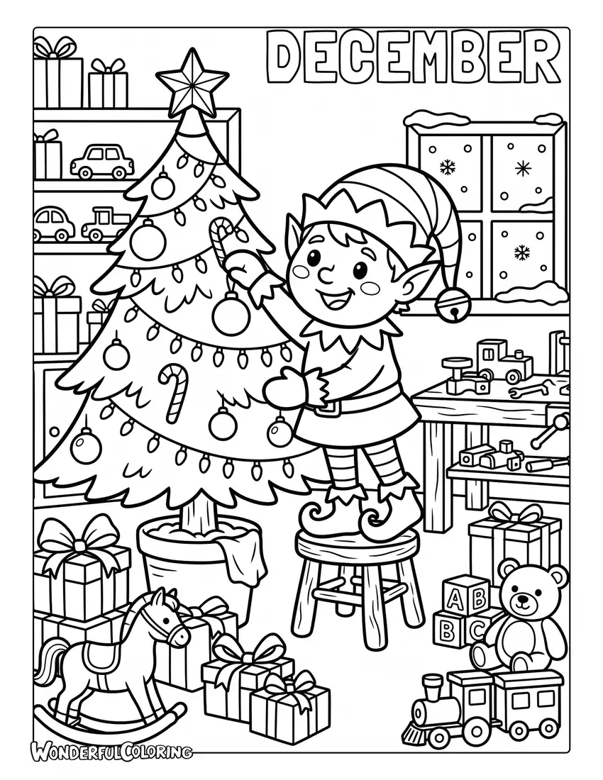 December Christmas elf coloring page with a cute elf decorating a tree in a snowy toy workshop filled with presents