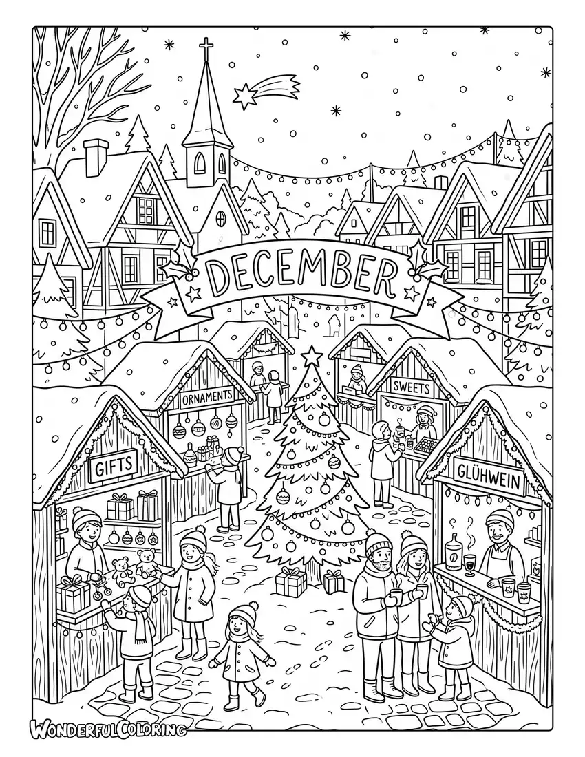 December Christmas market coloring page with wooden stalls, holiday gifts, festive lights, and falling snow