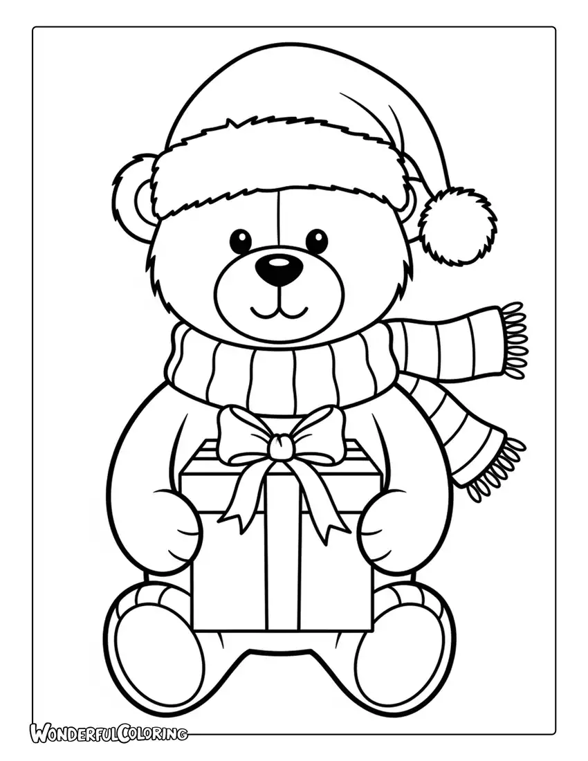 Christmas teddy bear with santa hat and gift coloring page