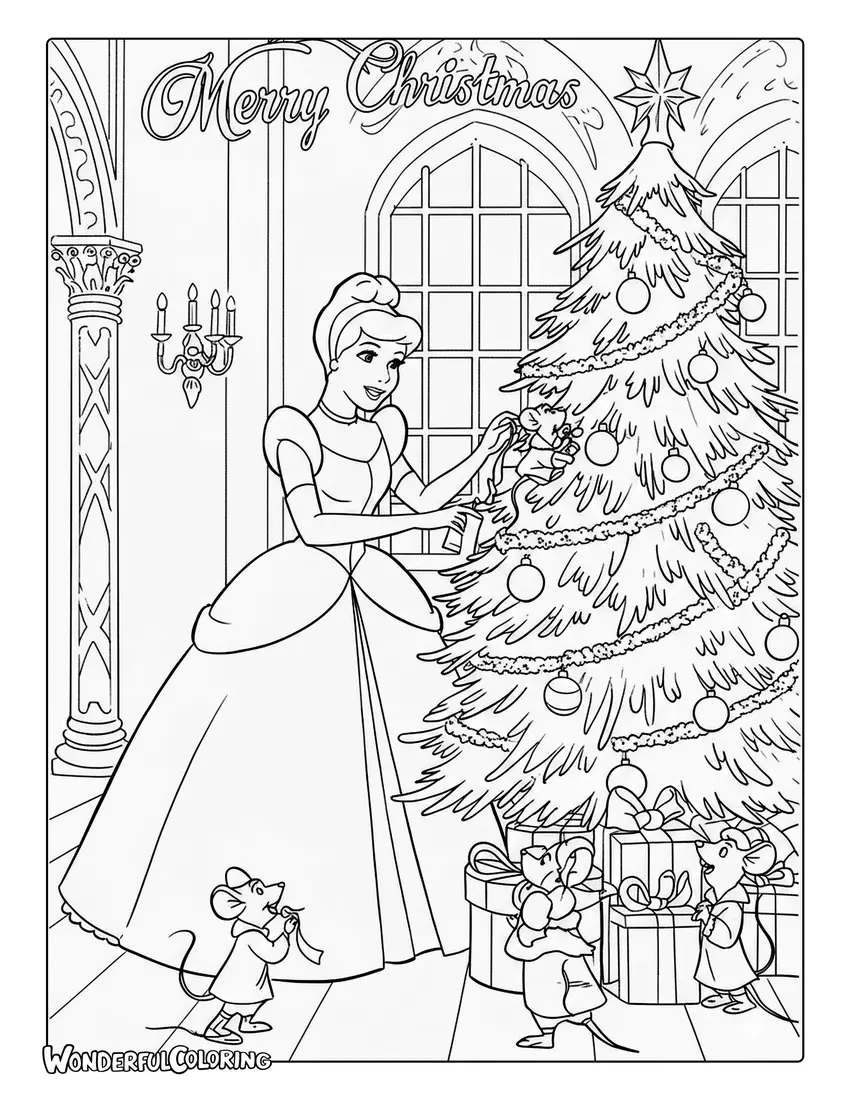 Cinderella decorating tree Merry Christmas coloring page