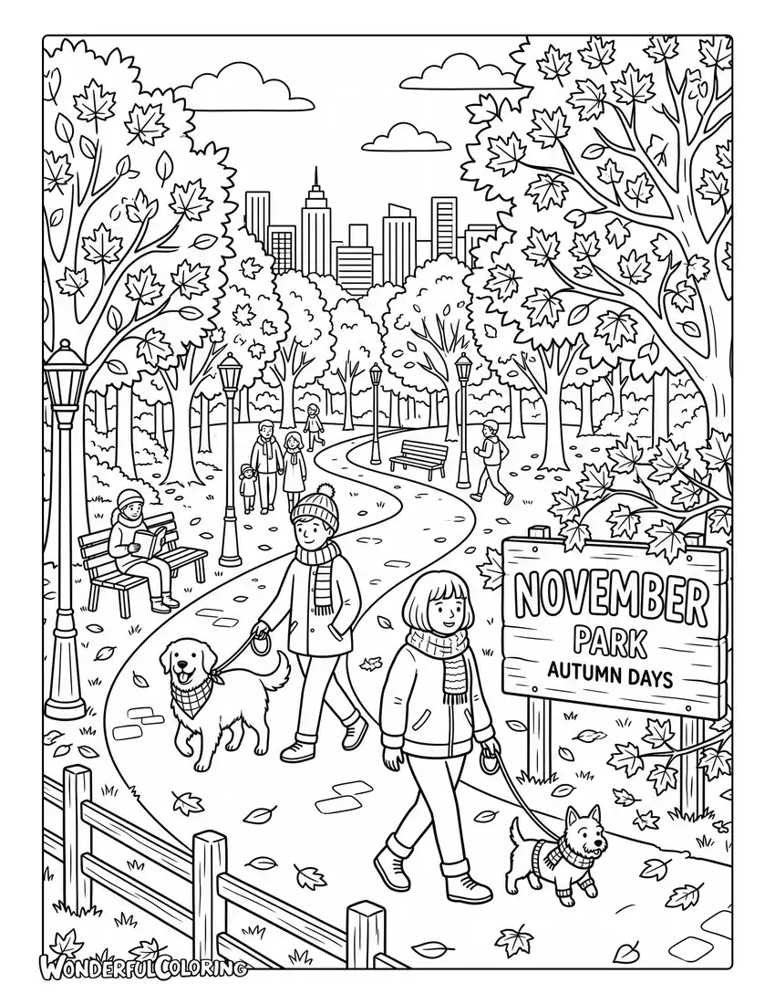 November city park coloring page with colorful maple trees, fallen leaves, people wearing scarves, and walking dogs