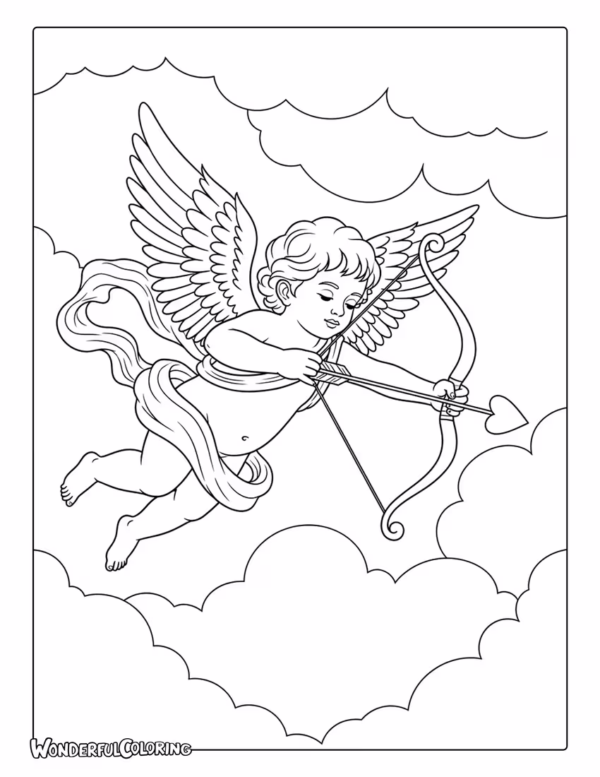 Classic Cupid flying in the sky with heart bow coloring page