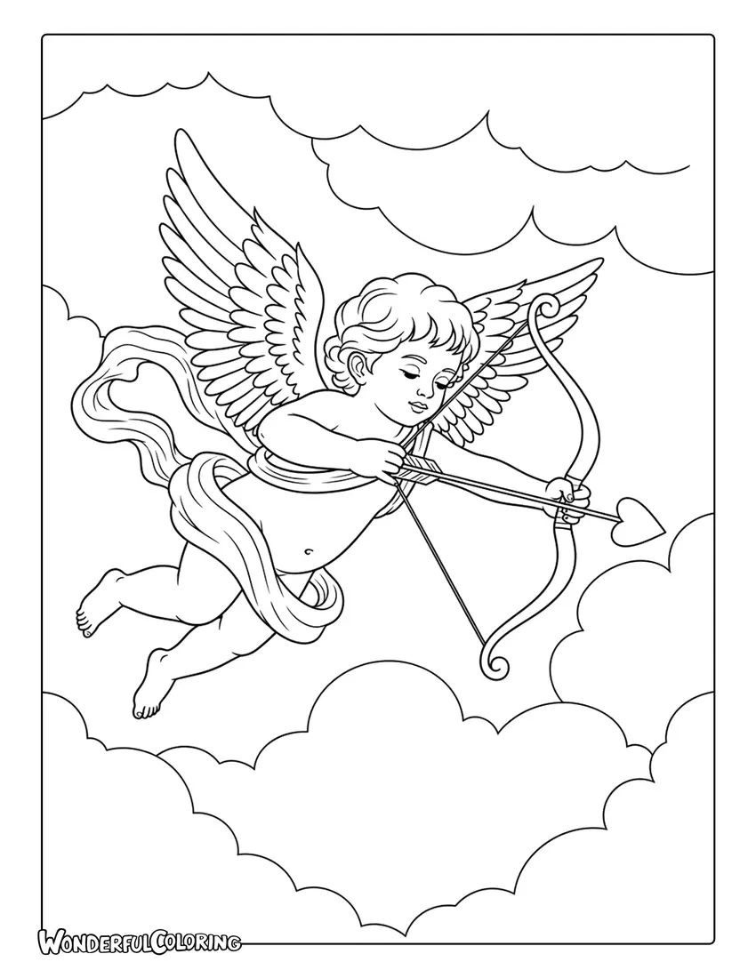 Classic Cupid flying in the sky with heart bow coloring page