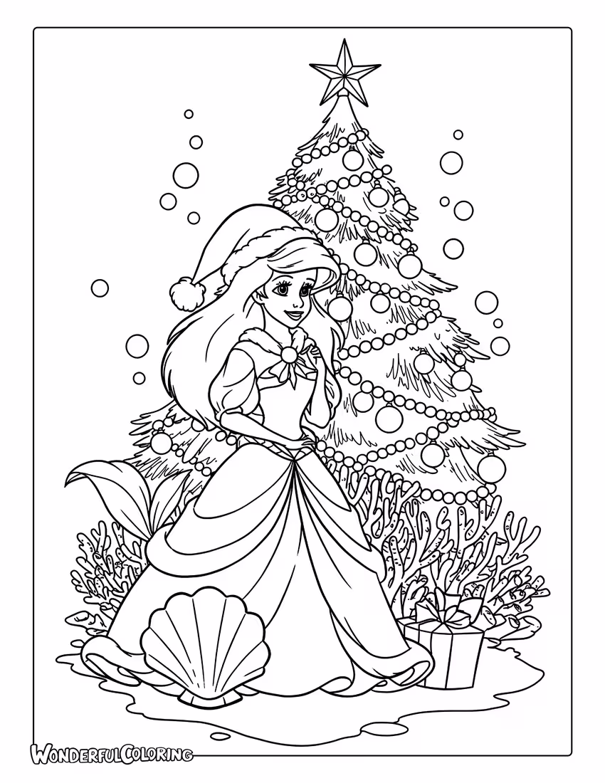 Coloring of Ariel with underwater Christmas Tree