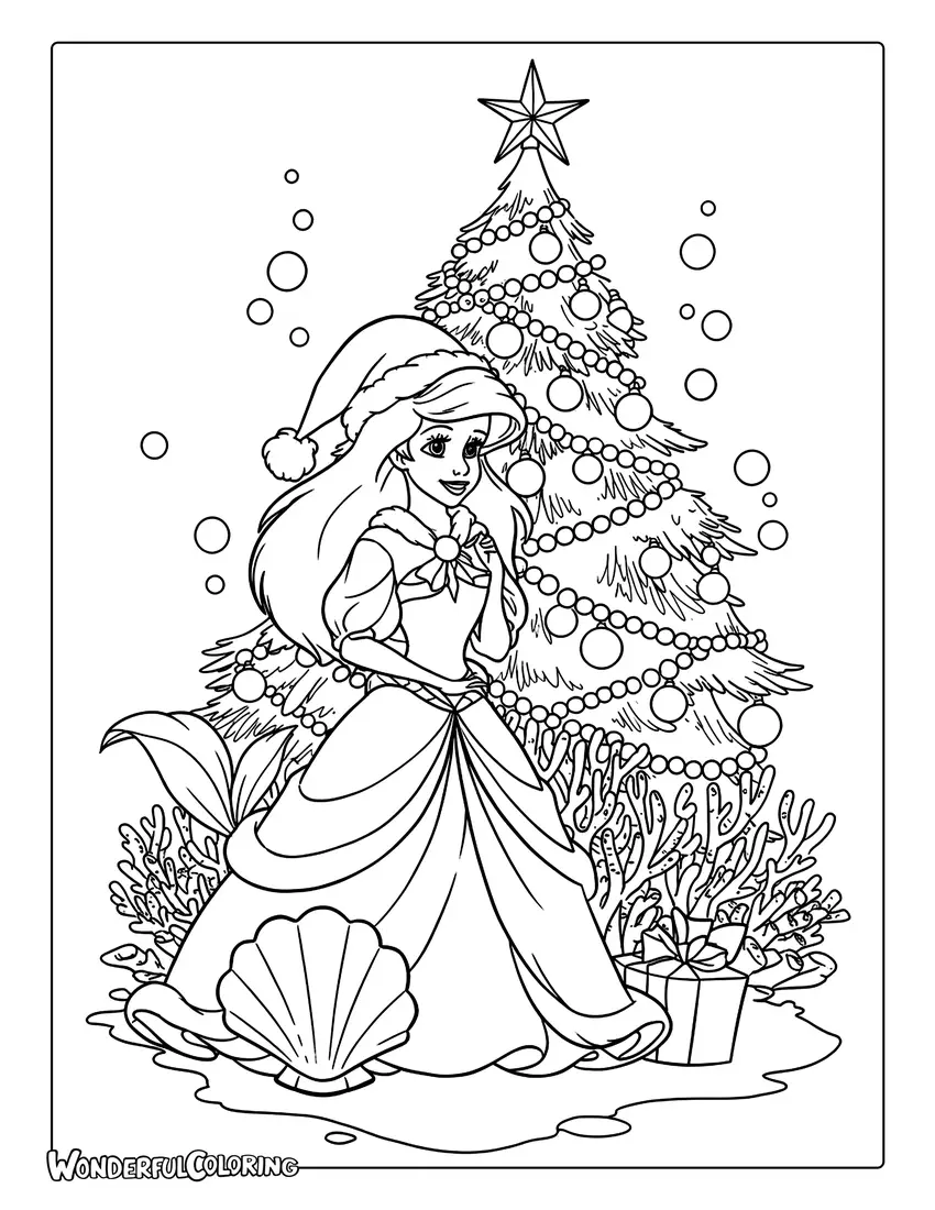 Coloring of Ariel with underwater Christmas Tree