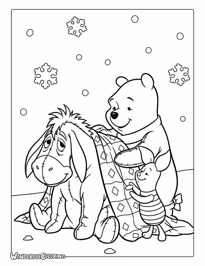 Eeyore receiving Christmas blanket gift coloring page