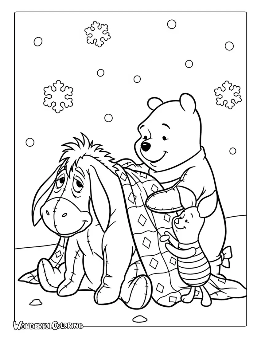Eeyore receiving Christmas blanket gift coloring page