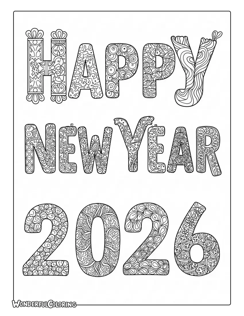Coloring of Happy New Year 2026 Zentangle