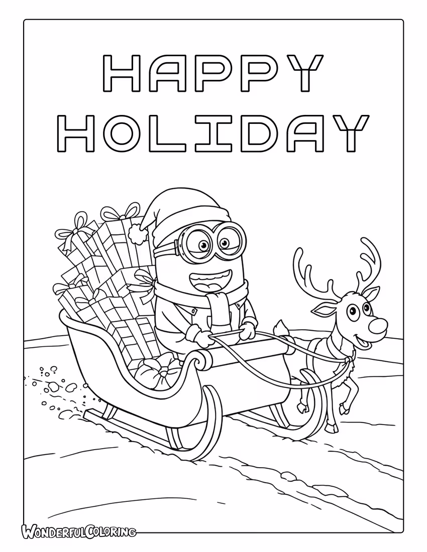 Minions riding a sleigh full of gifts in the snow coloring sheet.