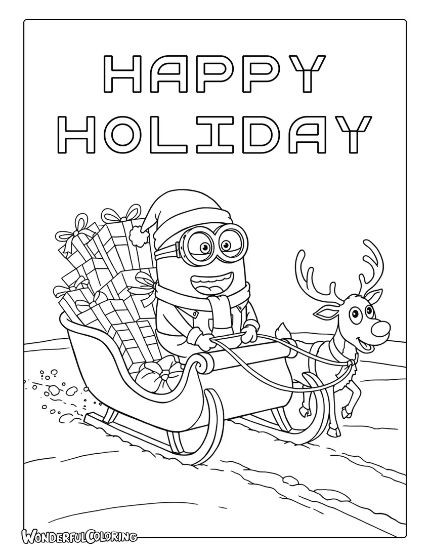 Minions riding a sleigh full of gifts in the snow coloring sheet.