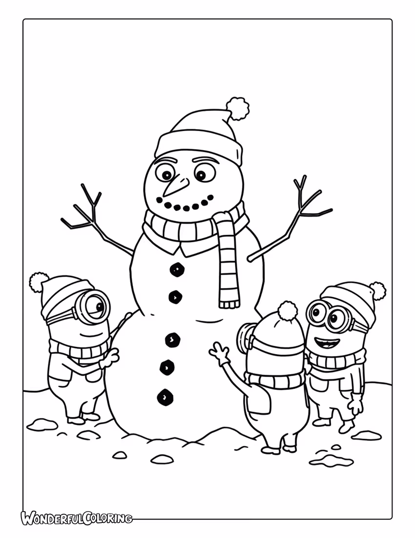 Coloring page of Minions building a Gru-shaped snowman.