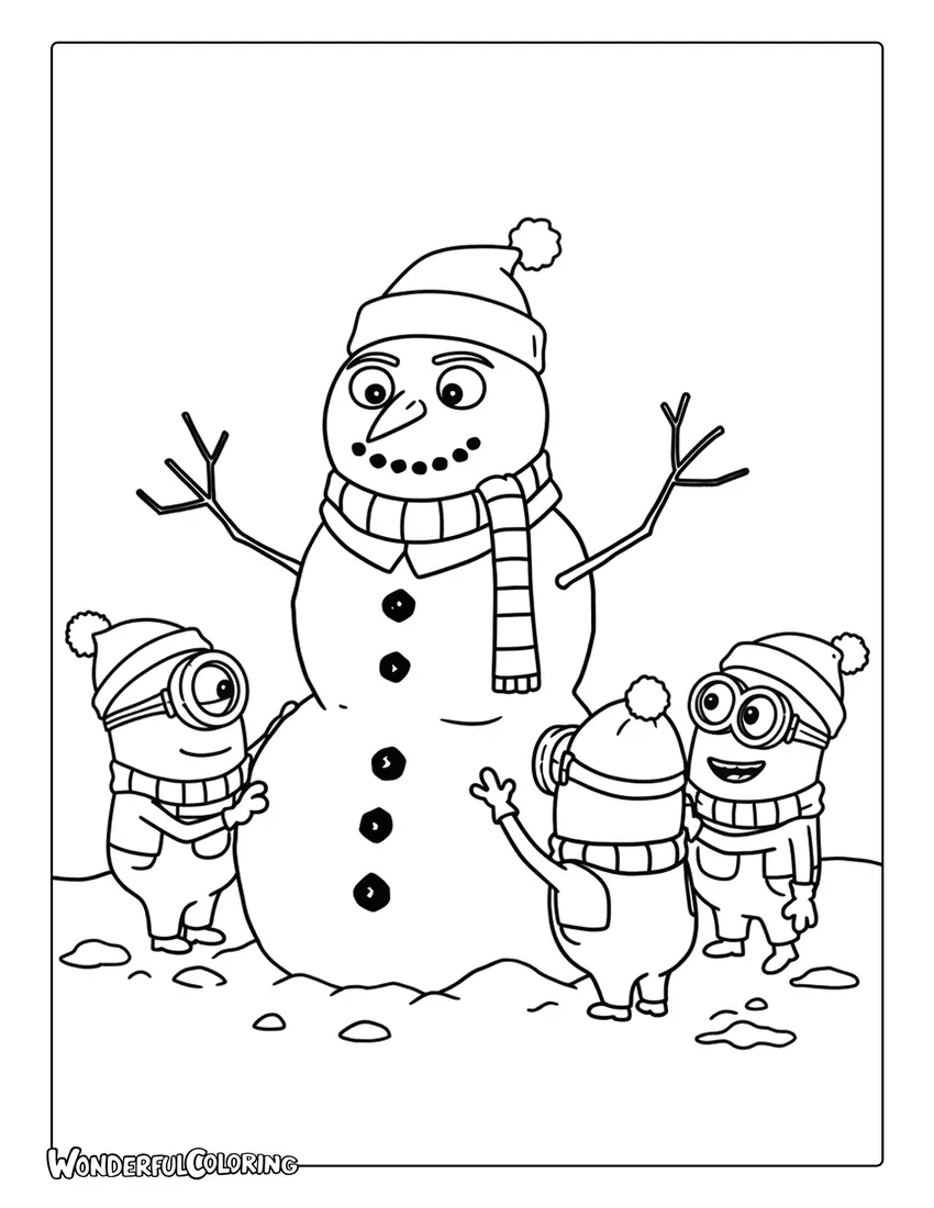 Coloring page of Minions building a Gru-shaped snowman.