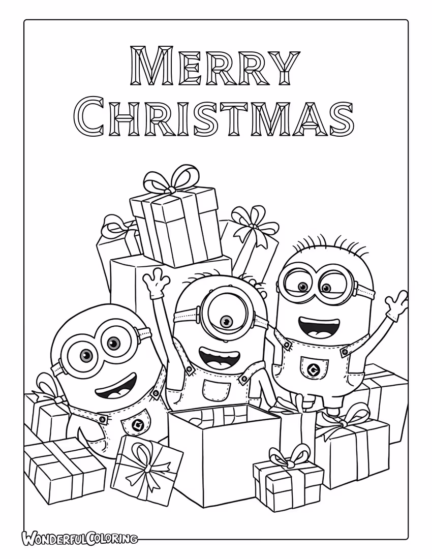 Minions opening Christmas presents coloring page.