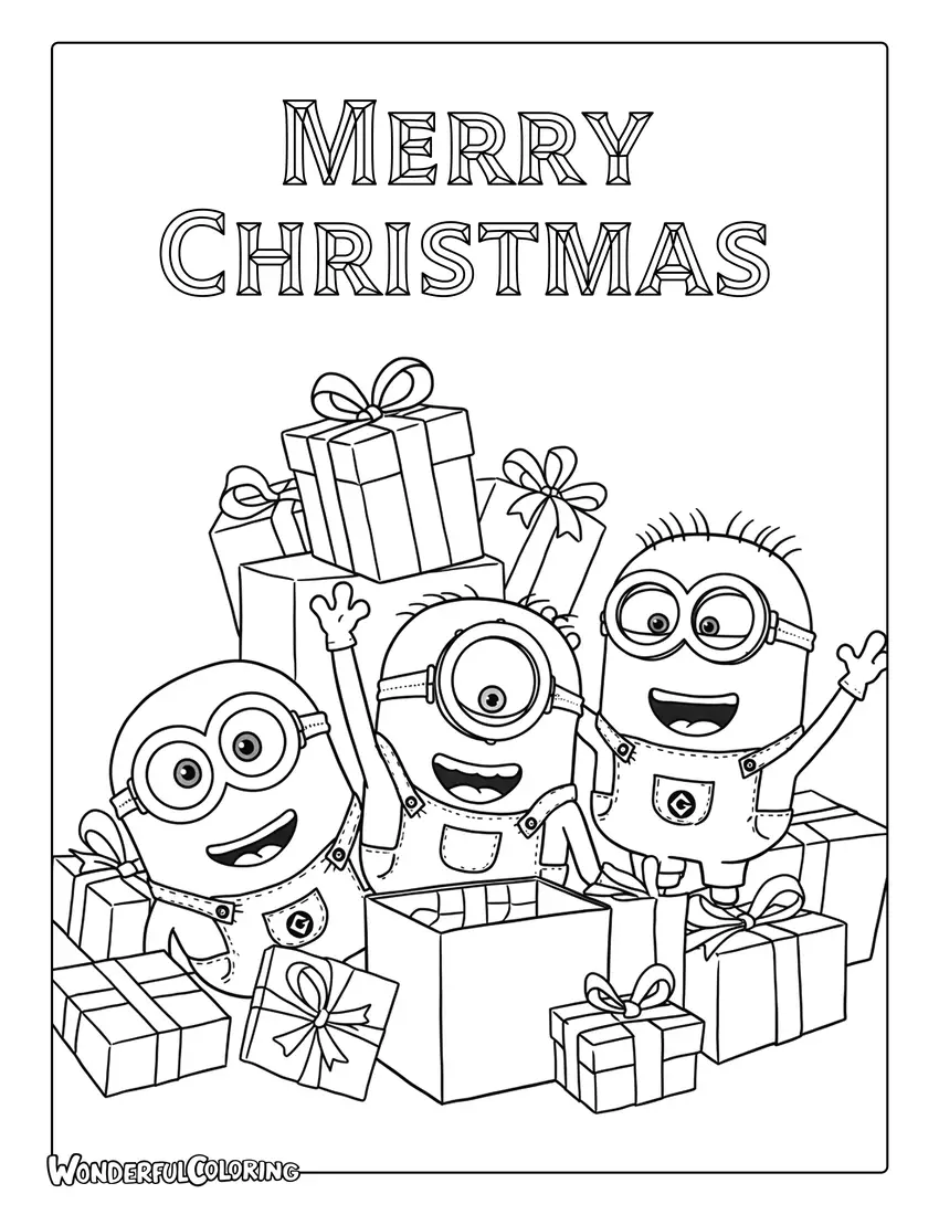 Minions opening Christmas presents coloring page.