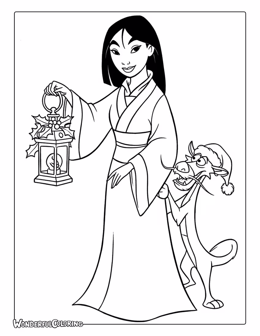 Coloring of Mulan and Mushu at Christmas