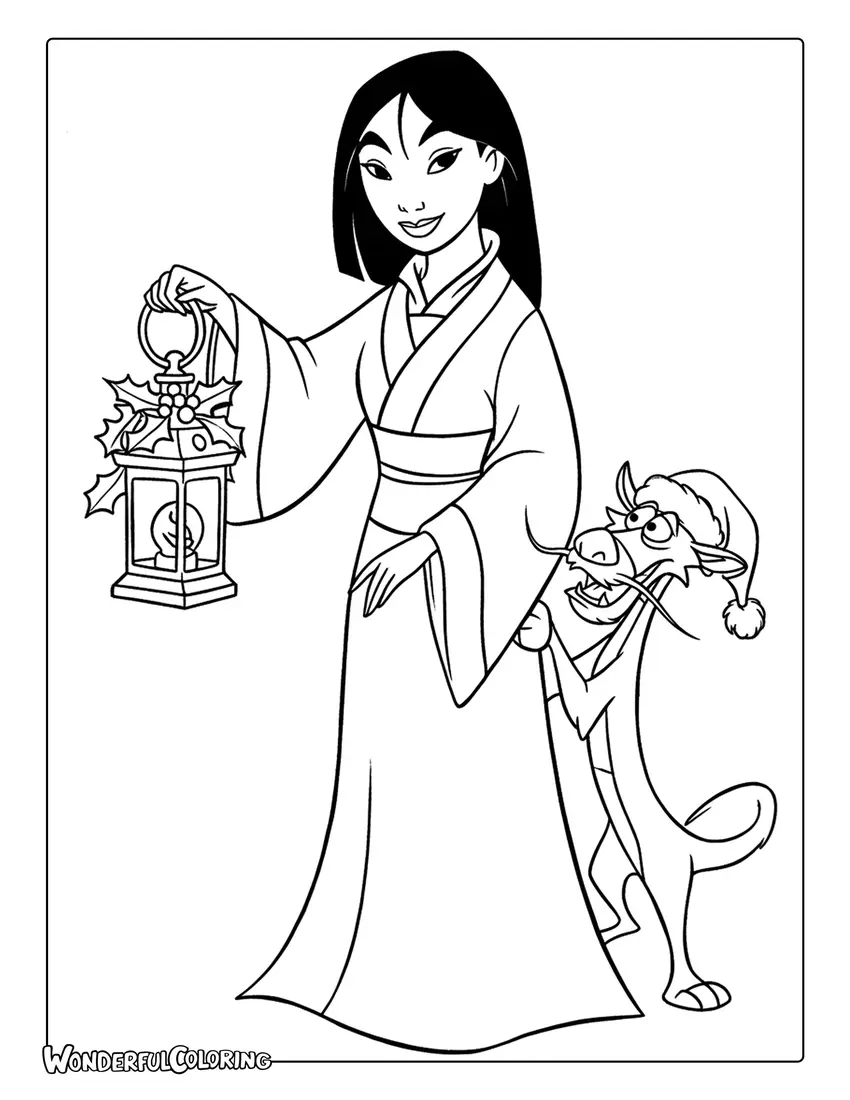 Coloring of Mulan and Mushu at Christmas