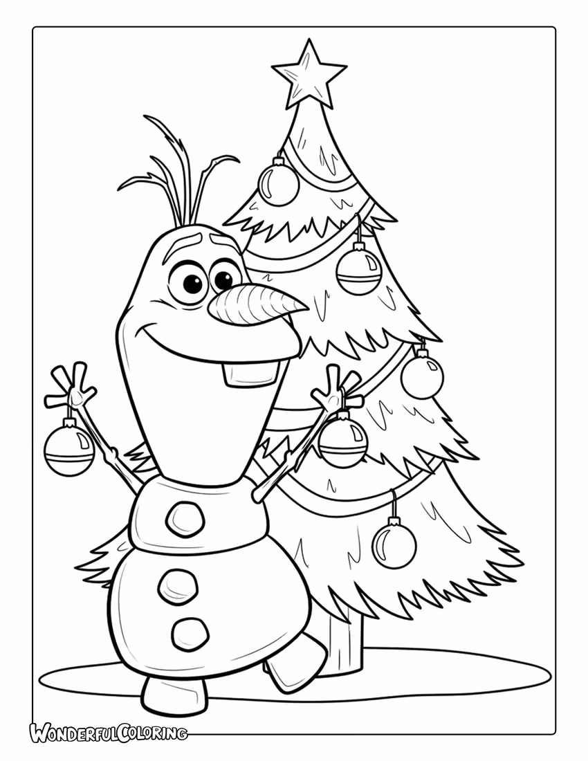 Coloring of Olaf Decorating Christmas Tree