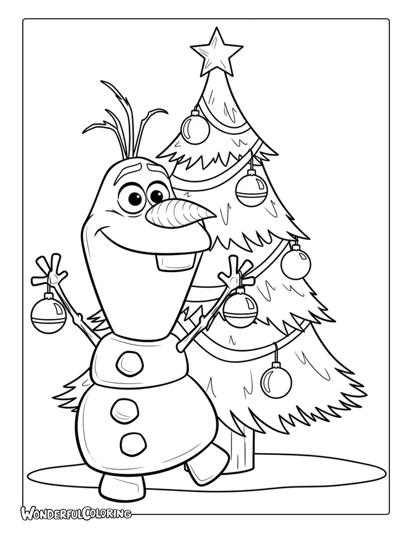 Coloring of Olaf Decorating Christmas Tree